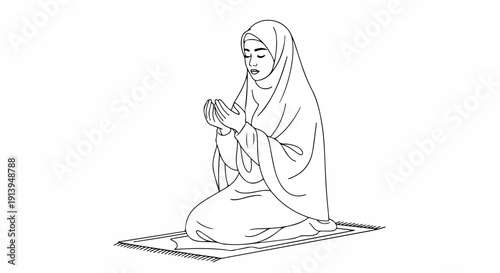 Line drawing of a woman wearing a hijab sitting on a mat with her hands clasped in prayer or contemplation against a plain white background.