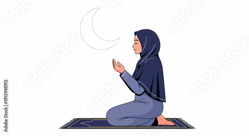 A Muslim woman wearing a hijab kneeling on a prayer mat with hands raised in prayer, facing a crescent moon on a white background.