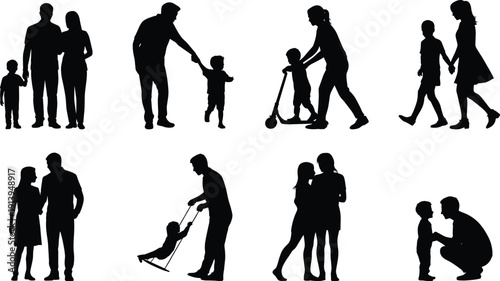 Family silhouette vector set, parents with children poses, father mother kid activities, parenting lifestyle concept, black people icons collection