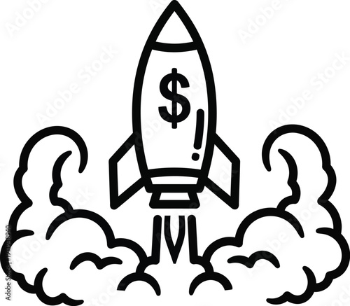 Black and white illustration of a rocket ship with a dollar sign launching into the air Vector