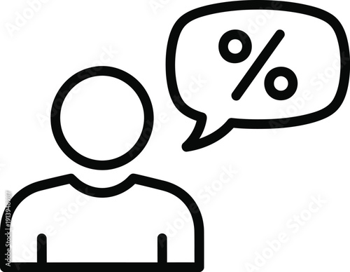Line icon of a person with a speech bubble containing a percentage symbol for discount Vector