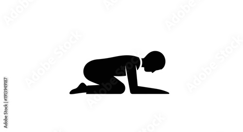 A black silhouette icon of a person in a prostrate or bowing position on a white background