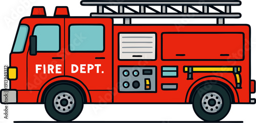 Flat Line Art Red Fire Department Ladder Truck Side View Vector Illustration Emergency Vehicle