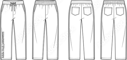 Men casual pants technical fashion illustration set, front and back views, elastic waistband drawstring trousers apparel design template