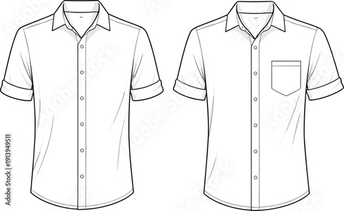 Men short sleeve button up shirt technical fashion template, front views with pocket, apparel design vector illustration isolated
