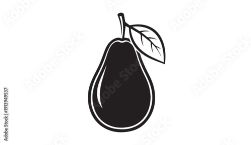 Pear Icon with Leaf, Simple Silhouette, Isolated on White Background, Vector Art