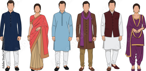 Indian traditional clothing vector illustration, men women ethnic outfit set, kurta sari salwar kameez characters, cultural festival fashion collection