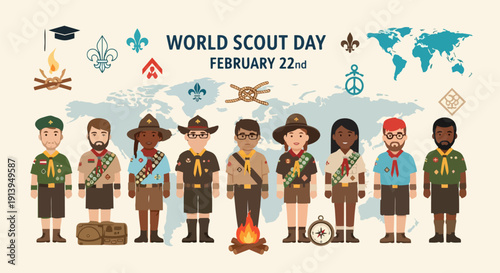 Flat vector illustration for World Scout Day on February 22, celebrating the birthday of Baden Powell, founder of scouting, showing global unity, leadership, education, and youth values.