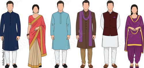 Indian traditional clothing vector set, men women ethnic outfits illustration, kurta sari salwar kameez fashion characters, cultural apparel collection