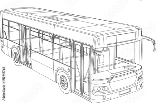 Public city bus 3D wireframe technical sketch vector, modern passenger vehicle transport for urban infrastructure design