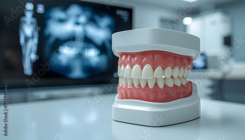 Realistic dental model of human teeth and gums on a white desk in a modern dental clinic. Close-up of prosthetic dentures with blurred X-ray image in the background, oral health, dentistry and medical