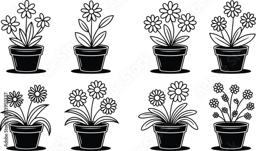 Potted flower line art icon set, blooming houseplants collection, decorative floral vector illustrations, black outline garden symbols, minimalist plant graphics