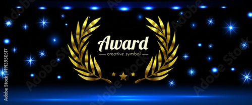 Elegant Golden Award Wreath on a Dark Background with Sparkling Blue Stars. Vector illustration.