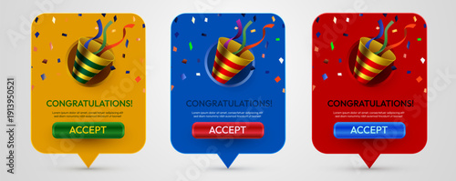 Colorful congratulations banners with exploding party popper and confetti. Ideal for success, achievement, or festive notifications. Vector illustration