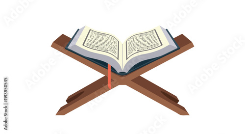 An open book with a red bookmark rests on a wooden lectern against a plain white background.