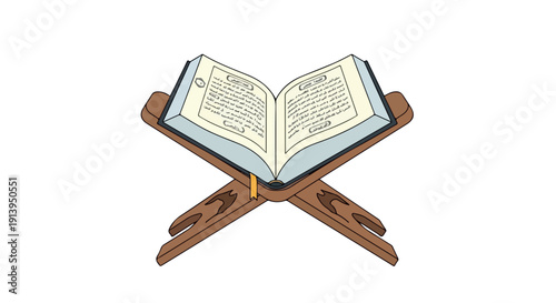 Illustration of an open book on a wooden lectern against a plain white background with a simple and informative style.