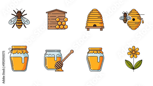 Bees gather nectar from flowers near beehives and honey jars in a sunny landscape illustration