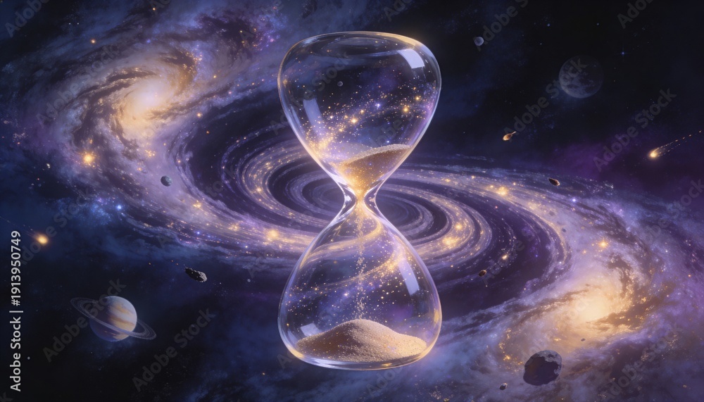 Fototapeta premium Cosmic Hourglass: A breathtaking cosmic panorama with an hourglass at its center, where time converges with the infinite expanse of the universe.