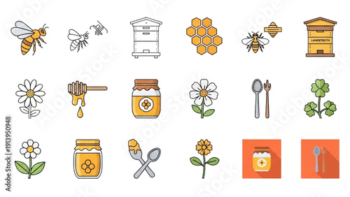 Illustration of honey production process with bees, flowers, and honey jars in a serene environment from a bird's eye view