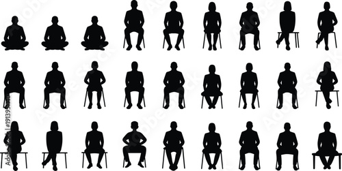 Sitting people silhouette pose set, seated human figures on chairs stools, black vector character collection, minimalist lifestyle icons