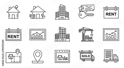 Real Estate and Property Line Icons Set – Home, Building and Investment Outline Vector