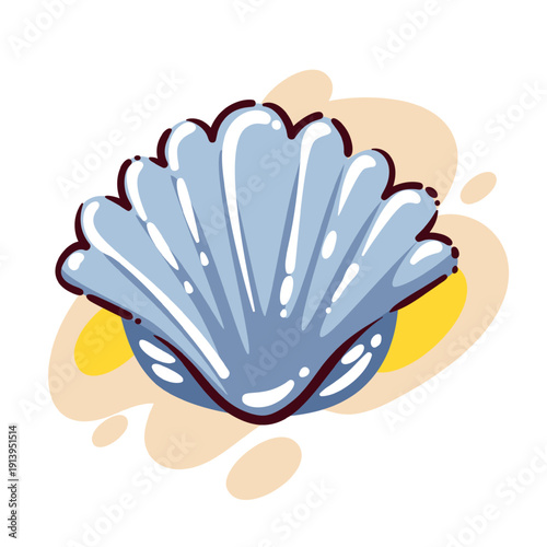 Scallop shell with ribbed surface and smooth curves, marine seashell detail, coastal element, ocean shell symbol, scallop shell icon, cartoon vector illustration.