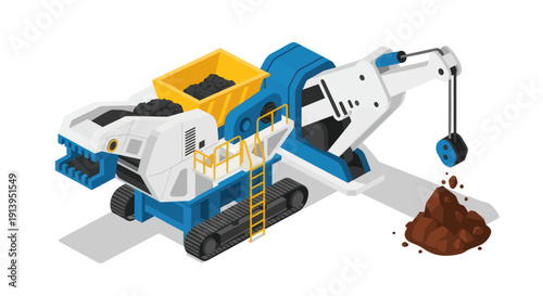 Heavy machinery excavator digging soil on white background.