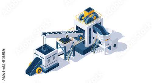 Industrial machinery conveyor belt system with blue and yellow components.
