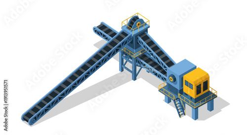 Industrial conveyor belt system with blue and yellow machinery.