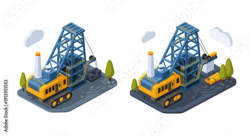 Isometric illustration of oil rigs with drilling equipment and machinery.