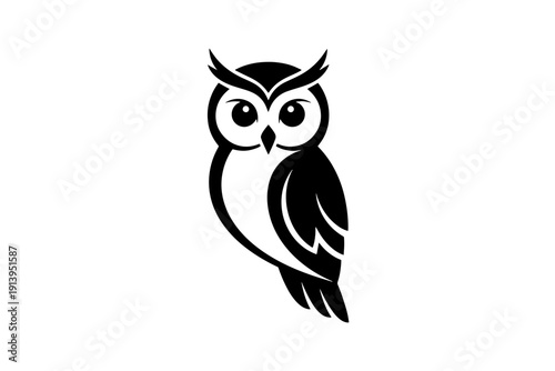 A majestic black and white illustration of an owl with a round face and large eyes isolated on transparent background, isolated on white background, Vector