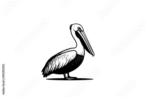 A majestic pelican standing on the shore with its wings slightly spread isolated on transparent background, isolated on white background, Vector