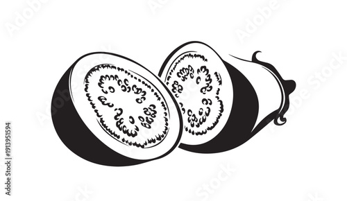 Eggplant Sliced in Half, Showing Seeds and Texture, Black and White Graphic