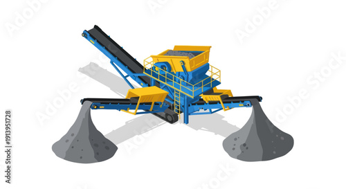 Heavy machinery crushing stones into gravel and aggregate materials.