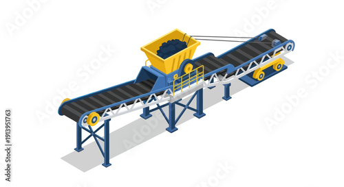 Industrial conveyor belt system with blue frame and yellow hopper.