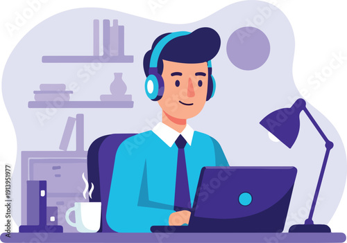 Focused man in headphones working on laptop at home office desk