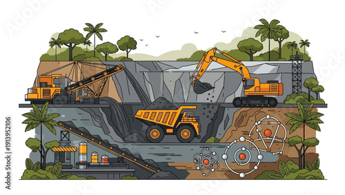 Open Pit Mining Operation with Heavy Machinery and Scientific Elements