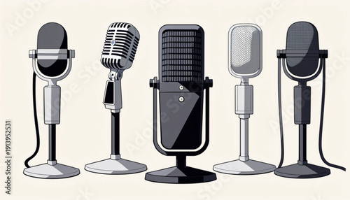 Multicolor six-stage microphones in various colors, flat illustration, minimalist vector style, clean outline, white background.
