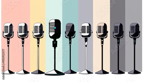A set of flat colored microphone icon illustrations 

