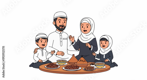 Illustration of a Middle Eastern family sharing a meal together on a traditional platter with warm tones and a joyful mood.
