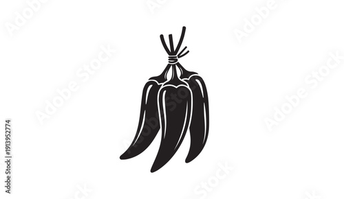 Bunch of Chili Peppers Tied Together, Simple Silhouette, Isolated on White Background
