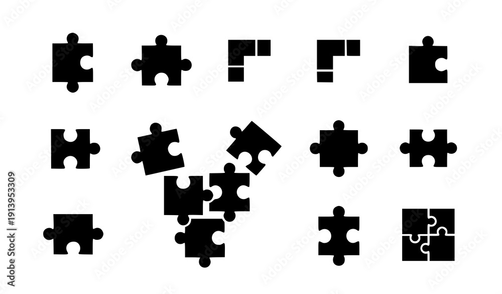 Naklejka premium Puzzle pieces glyph icon set vector jigsaw problem solving symbols isolated on transparent background