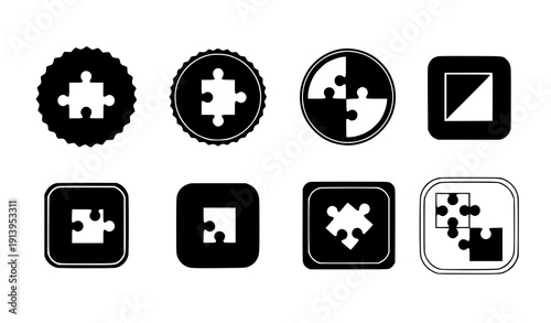 Puzzle pieces badge icon set vector jigsaw problem solving symbols isolated on transparent background