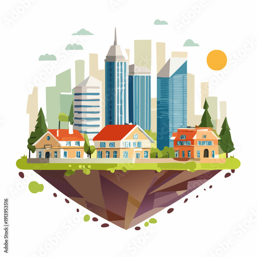 Urban landscape with houses and skyscrapers on a floating island