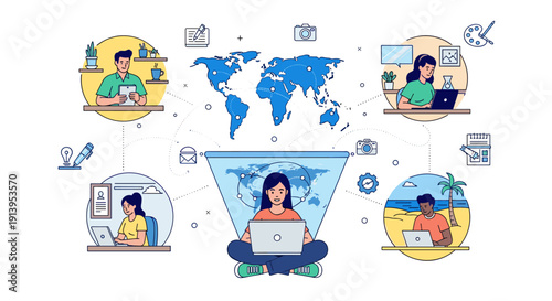 Diverse professionals collaborating globally from various locations, leveraging modern technology for remote work and virtual team connectivity, fostering productivity and work-life balance