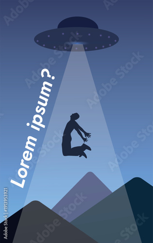 Fantasy Alien Contact Scene, Glowing Spaceship Hover in Night Sky with Human Figure