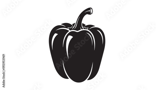 Black Silhouette of a Bell Pepper with Stem on White Background, Stock Media