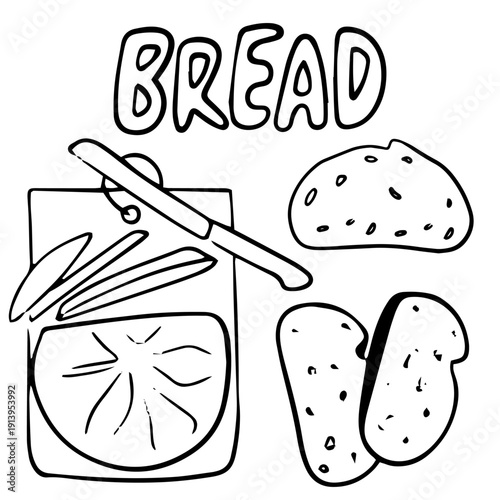 Hand Drawn Doodle of Sliced Bread on Wooden Board with Bread Typography Illustration
