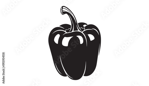 Black Silhouette Bell Pepper with Stem Isolated on White Background, Simple Graphic