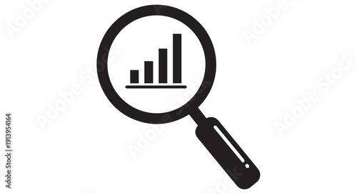 A magnifying glass with a bar chart inside, symbolizing data analysis and research for business and finance.